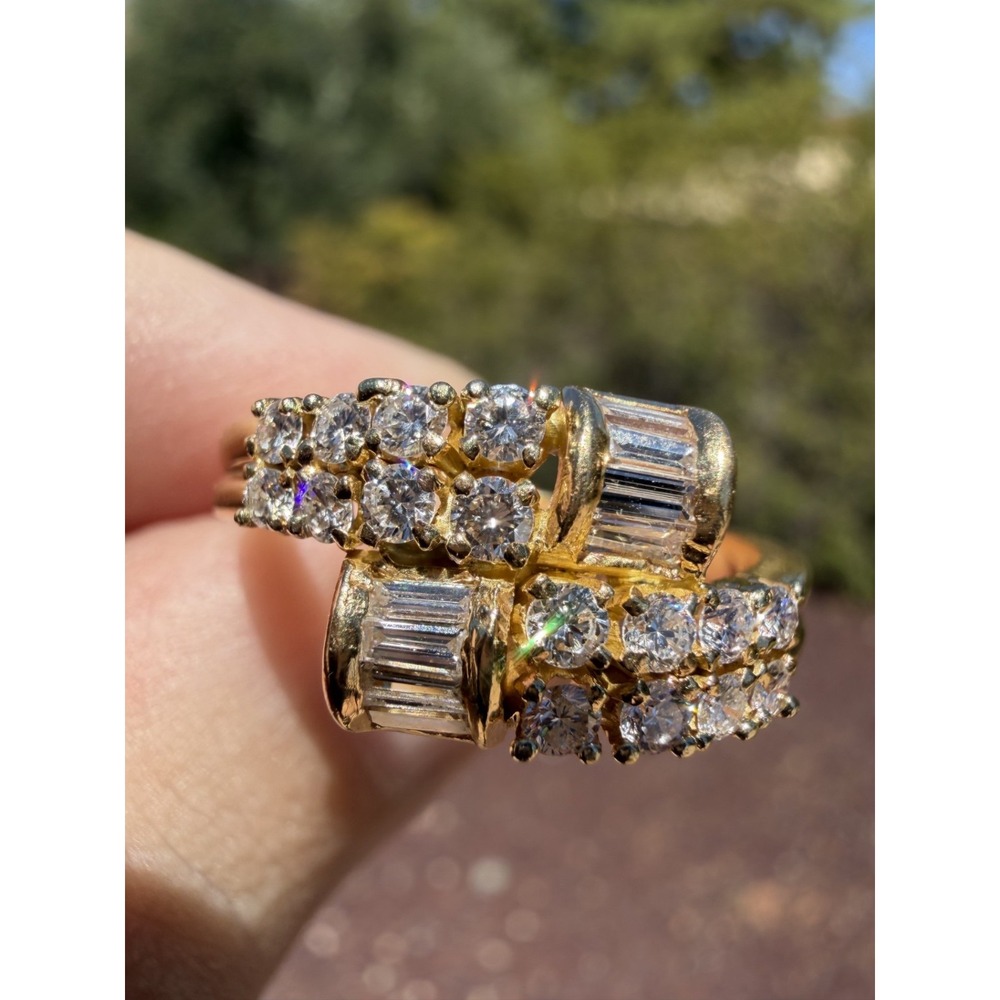 Vintage 14k Solid Yellow Gold Natural Round Baguette Diamond Bypass Ring 6.16g